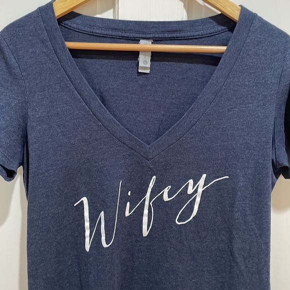 Next Level Apparel | "Wifey" V-Neck T-Shirt; Size Large; Navy Blue - Picture 3 of 7